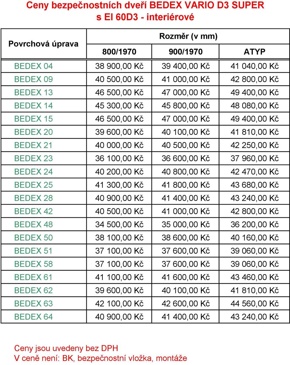 Kč 41 810,00 Kč BEDEX 21 40 000,00 Kč 40 500,00 Kč 42 250,00 Kč BEDEX 23 36 100,00 Kč 36 600,00 Kč 37 960,00 Kč BEDEX 24 40 200,00 Kč 40 800,00 Kč 42 470,00 Kč BEDEX 25 41 300,00 Kč 41 800,00 Kč 43