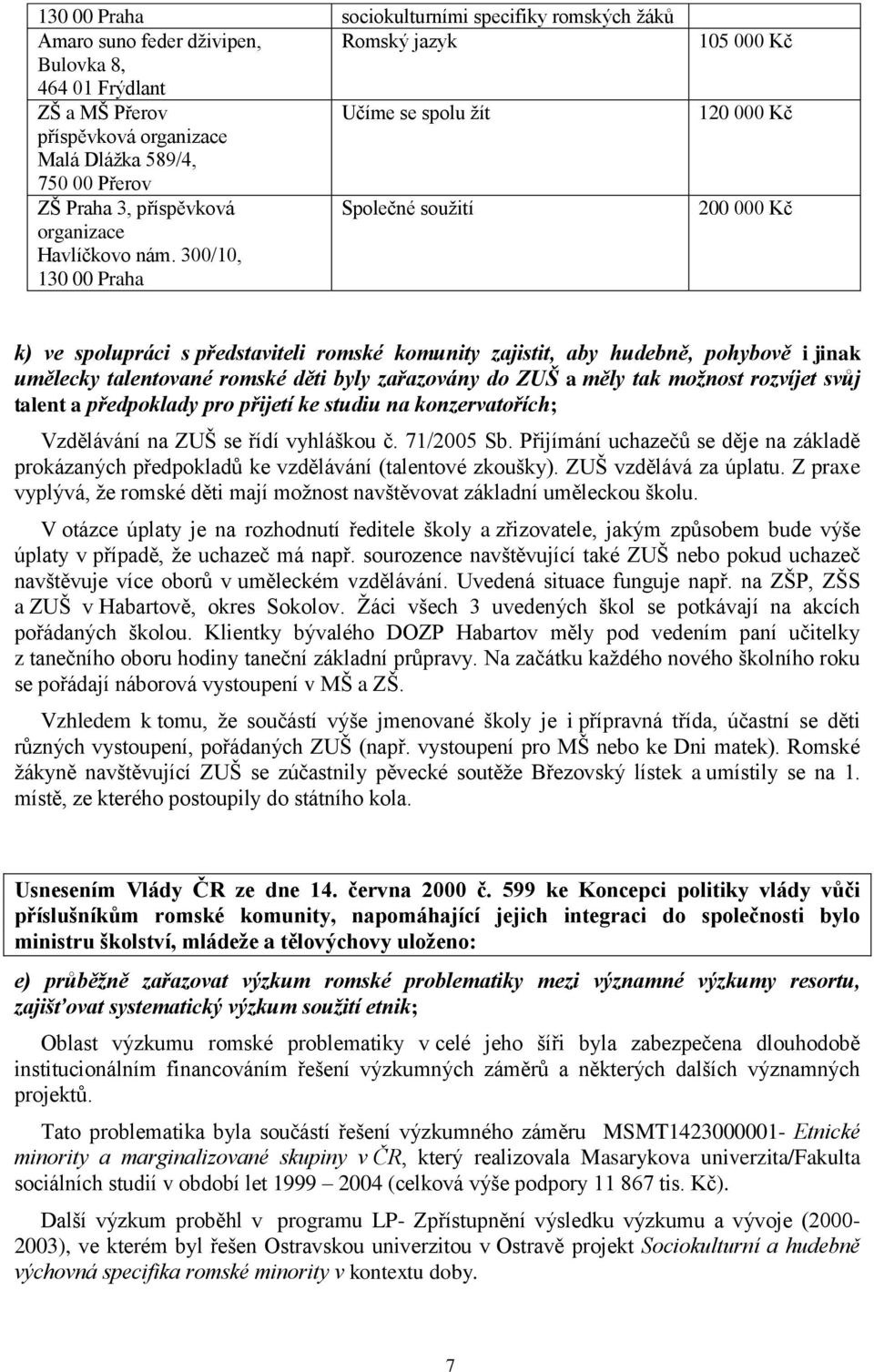 300/10, 130 00 Praha 105 000 Kč 120 000 Kč 200 000 Kč k) ve spolupráci s představiteli romské komunity zajistit, aby hudebně, pohybově i jinak umělecky talentované romské děti byly zařazovány do ZUŠ