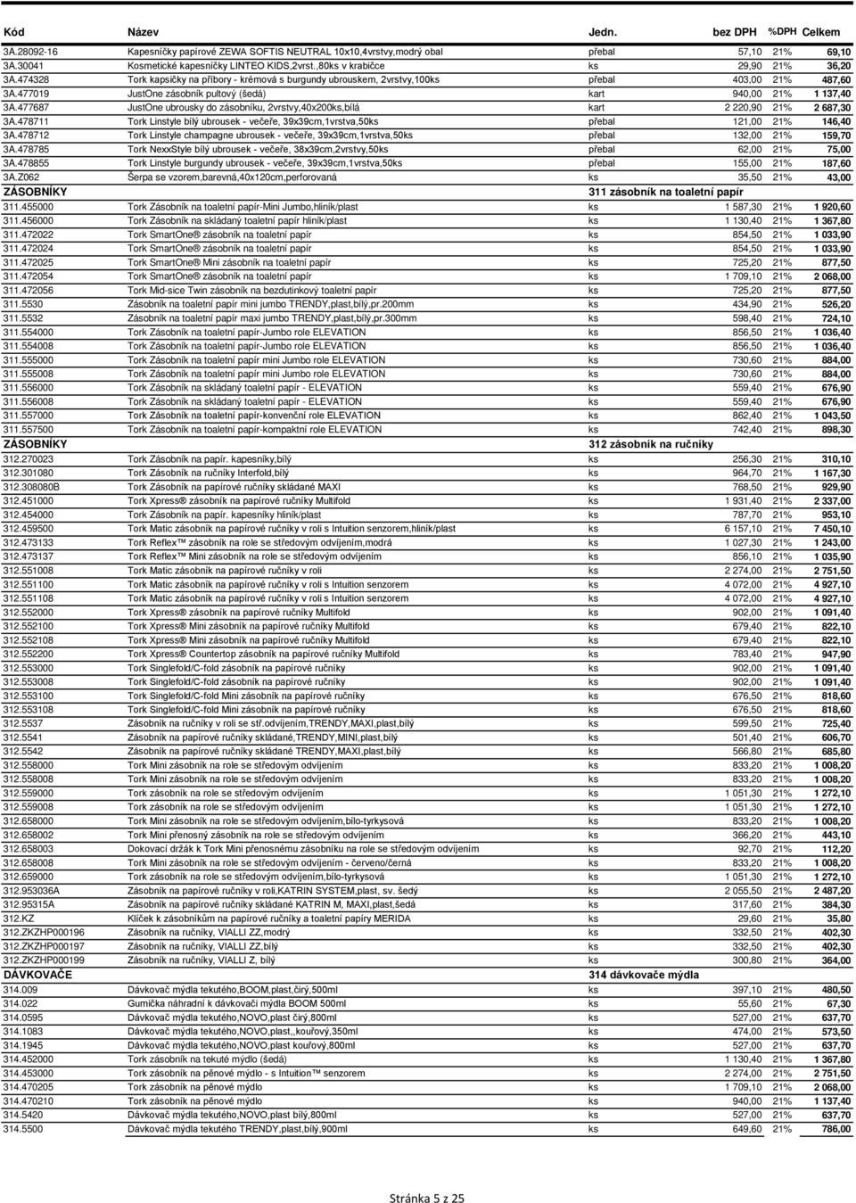 477687 JustOne ubrousky do zásobníku, 2vrstvy,40x200ks,bílá kart 2 220,90 21% 2 687,30 3A.478711 Tork Linstyle bílý ubrousek - večeře, 39x39cm,1vrstva,50ks přebal 121,00 21% 146,40 3A.