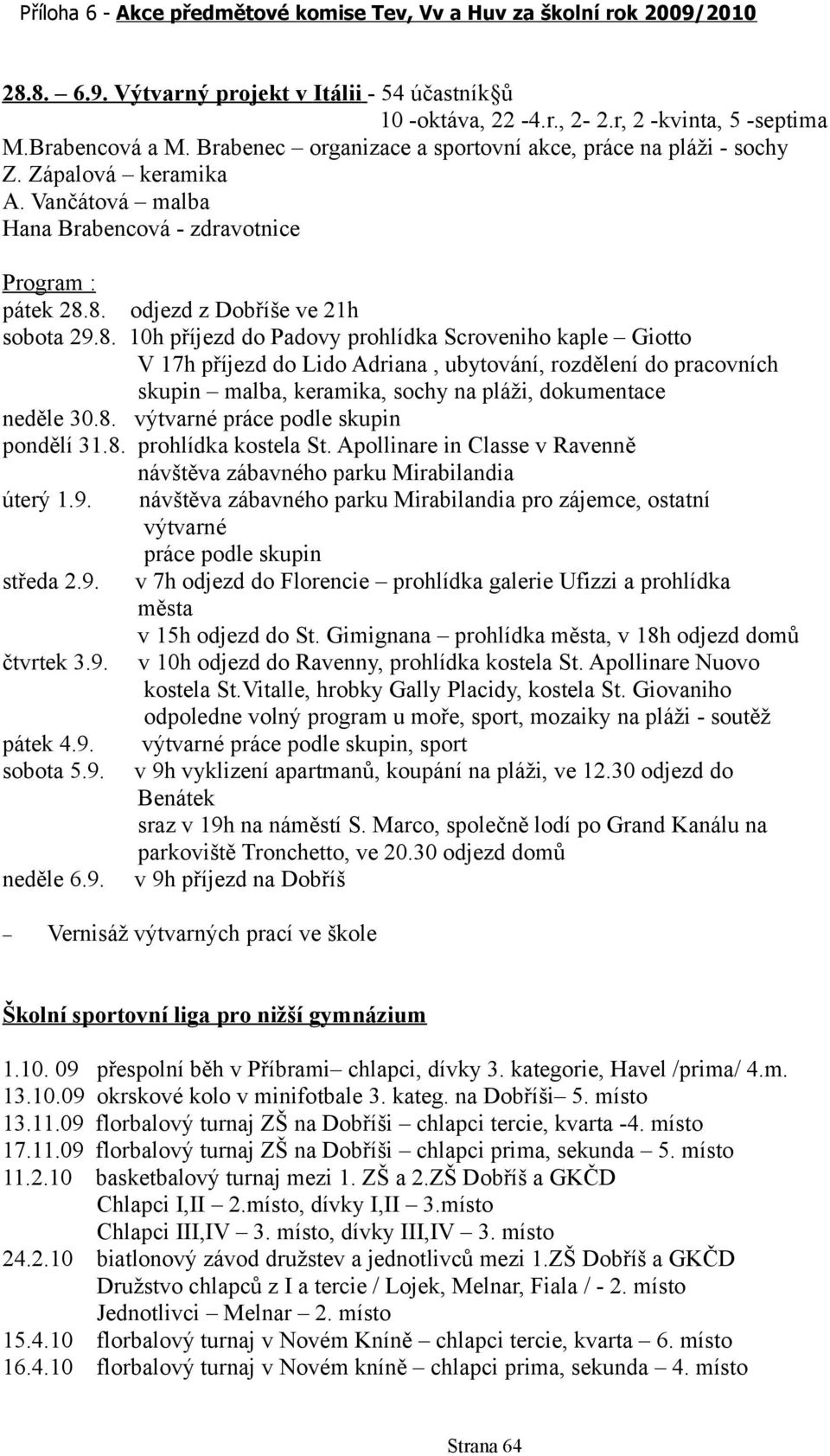 8. odjezd z Dobříše ve 21h sobota 29.8. 10h příjezd do Padovy prohlídka Scroveniho kaple Giotto V 17h příjezd do Lido Adriana, ubytování, rozdělení do pracovních skupin malba, keramika, sochy na pláži, dokumentace neděle 30.