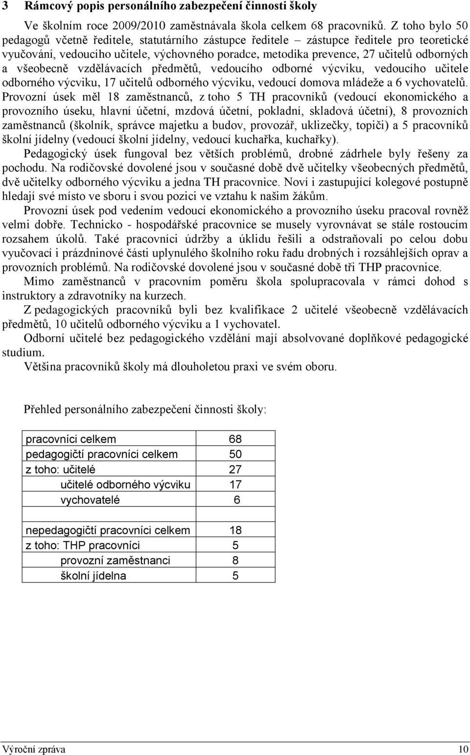 všeobecně vzdělávacích předmětů, vedoucího odborné výcviku, vedoucího učitele odborného výcviku, 17 učitelů odborného výcviku, vedoucí domova mládeţe a 6 vychovatelů.