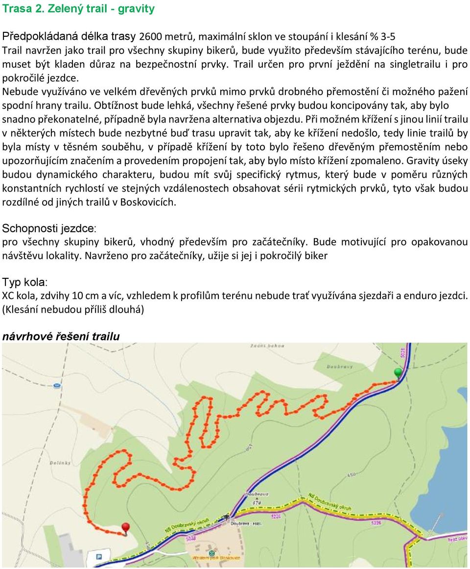 terénu, bude muset být kladen důraz na bezpečnostní prvky. Trail určen pro první ježdění na single i pro pokročilé jezdce.