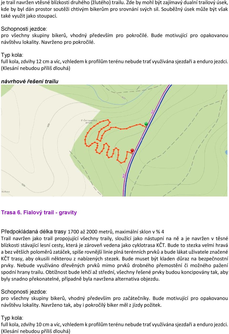 Navrženo pro pokročilé. Typ kola: full kola, zdvihy 12 cm a víc, vzhledem k profilům terénu nebude trať využívána sjezdaři a enduro jezdci. (Klesání nebudou příliš dlouhá) návrhové řešení Trasa 6.