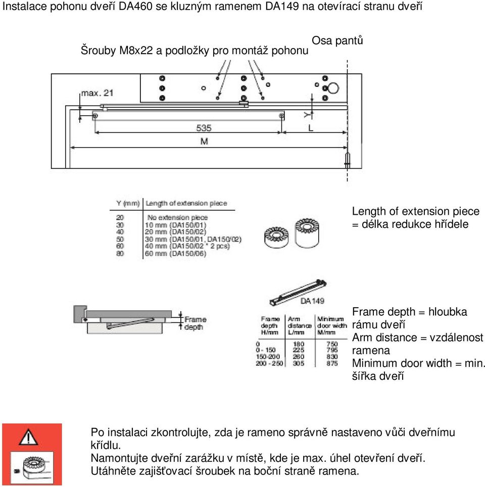 vzdálenost ramena Minimum door width = min.