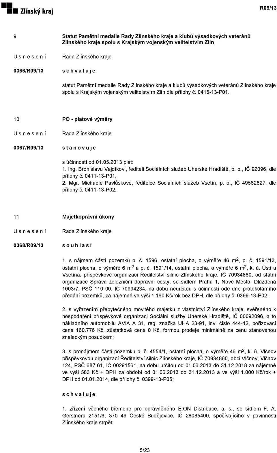 Bronislavu Vajdíkovi, řediteli Sociálních služeb Uherské Hradiště, p. o., IČ 92096, dle přílohy č. 0411-13-P01, 2. Mgr. Michaele Pavlůskové, ředitelce Sociálních služeb Vsetín, p. o., IČ 49562827, dle přílohy č.