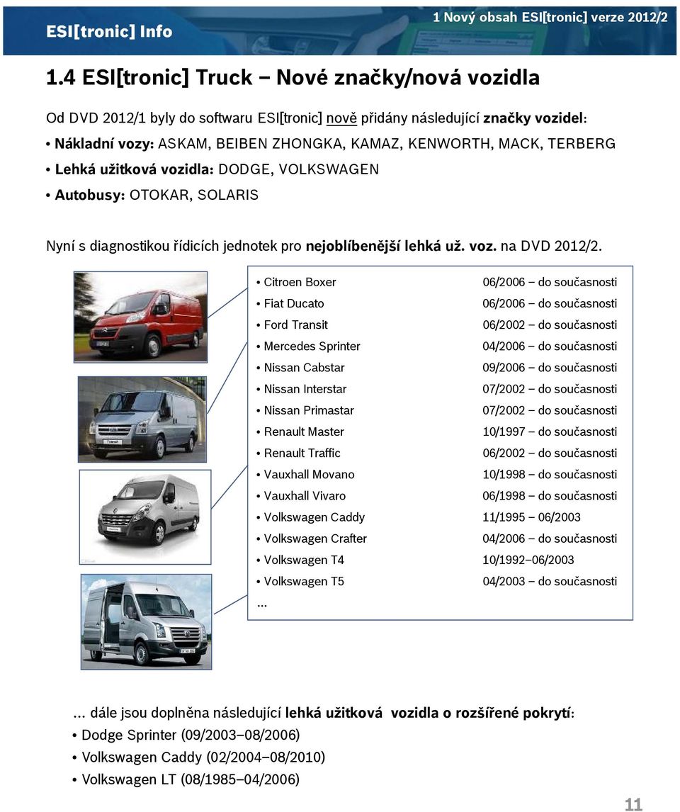 Lehká užitková vozidla: DODGE, VOLKSWAGEN Autobusy: OTOKAR, SOLARIS Nyní s diagnostikou řídicích jednotek pro nejoblíbenější lehká už. voz. na DVD 2012/2.