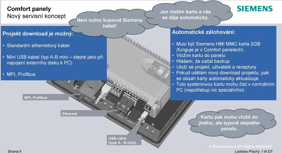 (funguje je v Comfort panelech) Vloţím kartu do panelu Hlášení, ţe začal backup Uloţí se projekt, uţivatelé a receptury Pokud udělám nový download projektu, pak se obsah karty