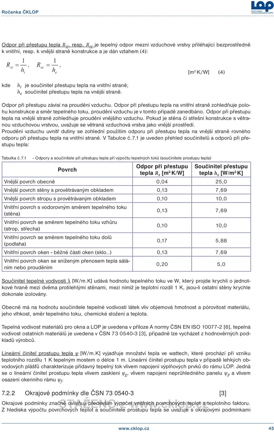 Odpor při přestupu tepla na vnitřní straně zohledňuje polohu konstrukce a směr tepelného toku, proudění vzduchu je v tomto případě zanedbáno.