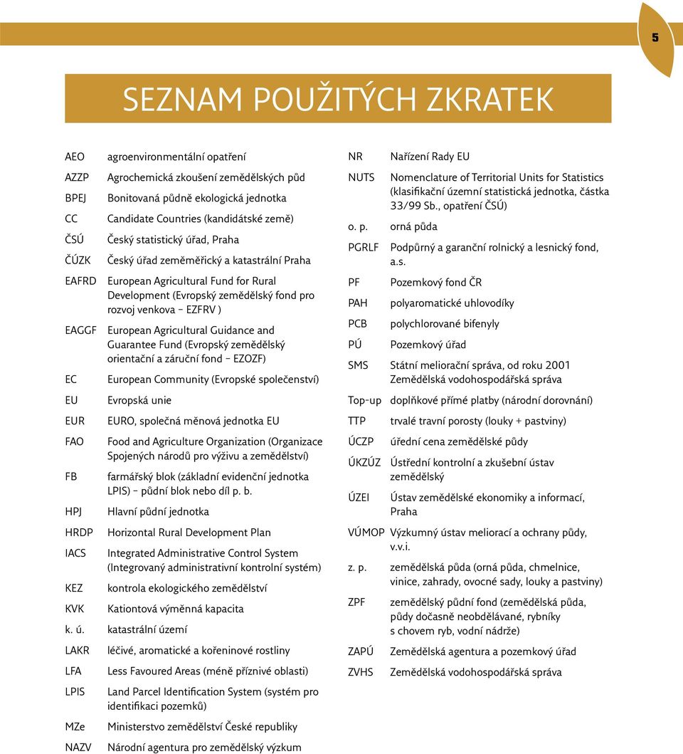 Agricultural Guidance and Guarantee Fund (Evropský zemědělský orientační a záruční fond EZOZF) EC EU EUR FAO FB HPJ HRDP IACS KEZ KVK European Community (Evropské společenství) Evropská unie EURO,