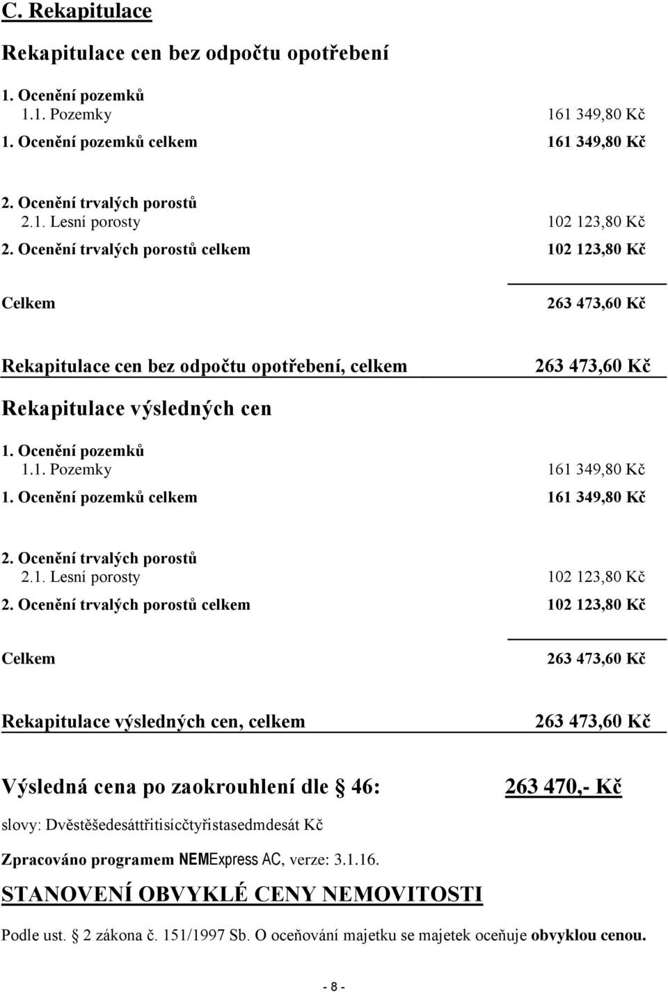 Ocenění pozemků celkem 161 349,80 Kč 2. Ocenění trvalých porostů 2.1. Lesní porosty 102 123,80 Kč 2.