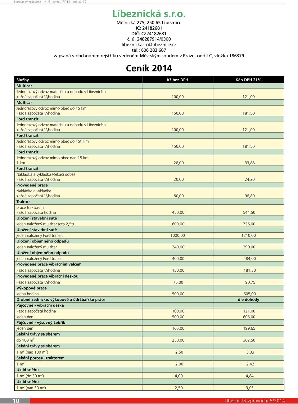 Líbeznicích každá započatá 1 / 2hodina 100,00 121,00 Multicar Jednorázový odvoz mimo obec do 15 km každá započatá 1 / 2hodina 150,00 181,50 Ford tranzit Jednorázový odvoz materiálu a odpadu v