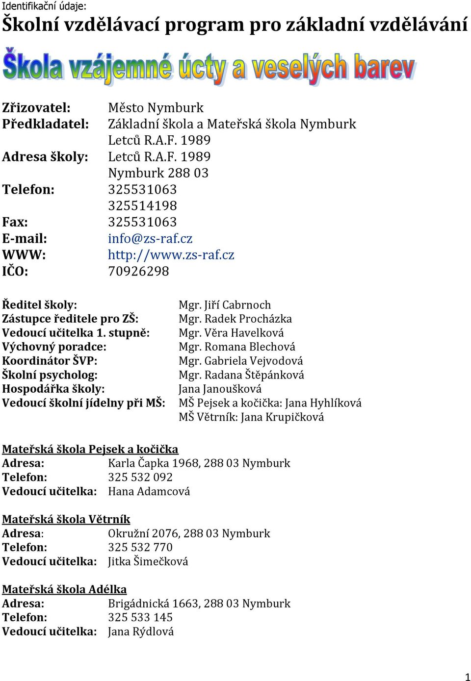 stupně: Výchovný poradce: Koordinátor ŠVP: Školní psycholog: Hospodářka školy: Vedoucí školní jídelny při MŠ: Mgr. Jiří Cabrnoch Mgr. Radek Procházka Mgr. Věra Havelková Mgr. Romana Blechová Mgr.