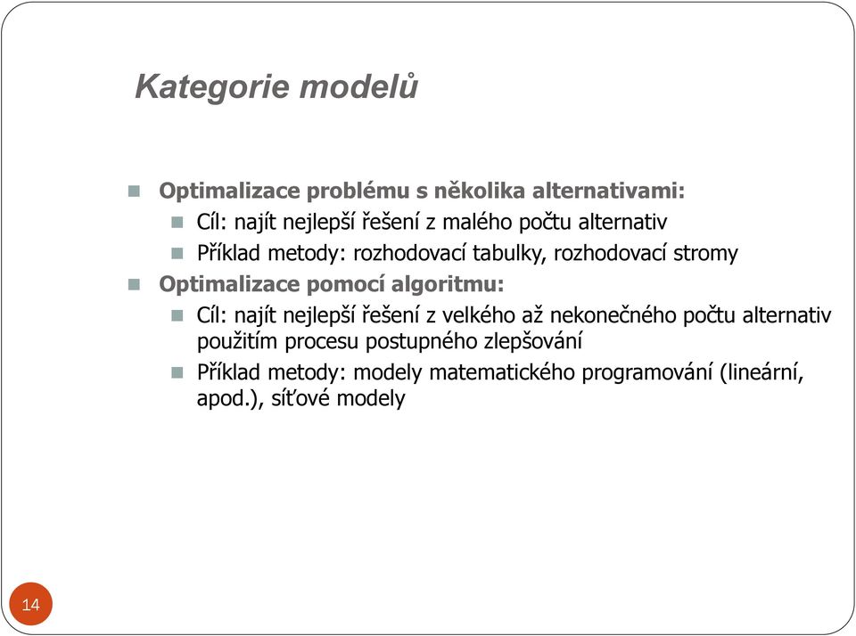 algoritmu: Cíl: najít nejlepší řešení z velkého až nekonečného počtu alternativ použitím procesu