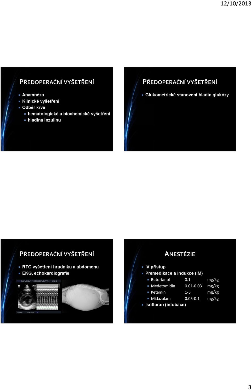 ANESTÉZIE RTG vyšetření hrudníku a abdomenu EKG, echokardiografie IV přístup Premedikace a indukce (IM)