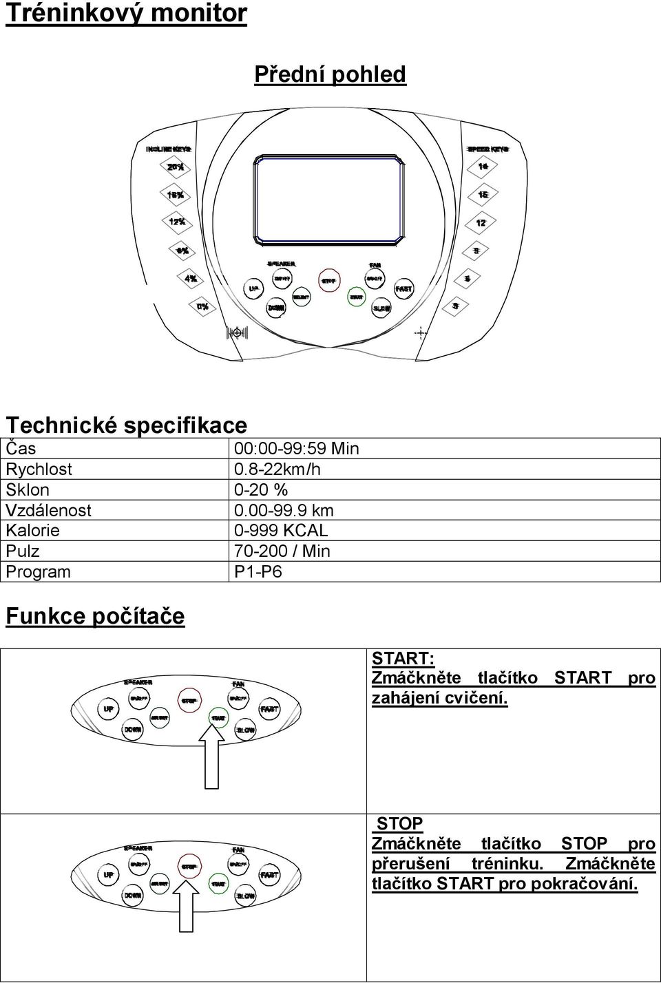 9 km Kalorie 0-999 KCAL Pulz 70-200 / Min Program P1-P6 Funkce počítače START: