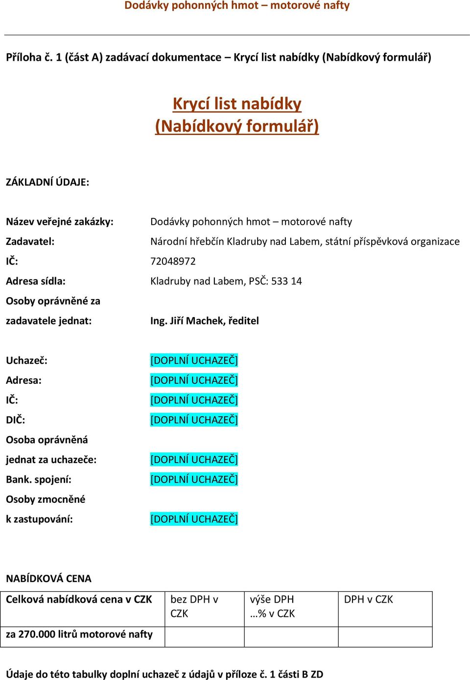 motorové nafty Zadavatel: Národní hřebčín Kladruby nad Labem, státní příspěvková organizace IČ: 72048972 Adresa sídla: Kladruby nad Labem, PSČ: 533 14 Osoby oprávněné za