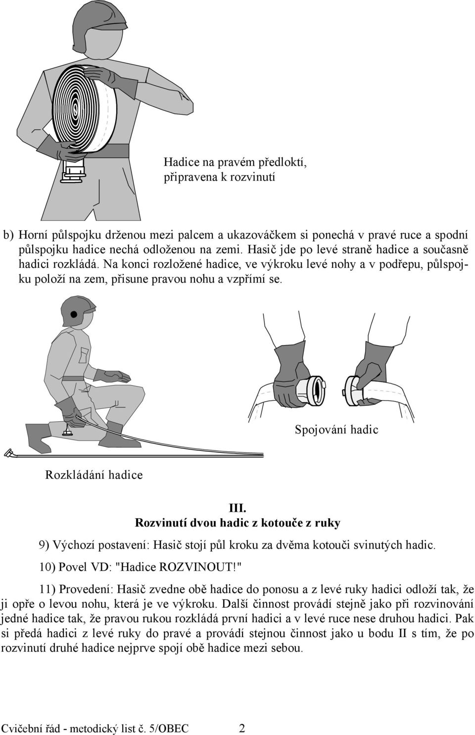 Spojování hadic Rozkládání hadice III. Rozvinutí dvou hadic z kotouče z ruky 9) Výchozí postavení: Hasič stojí půl kroku za dvěma kotouči svinutých hadic. 10) Povel VD: "Hadice ROZVINOUT!