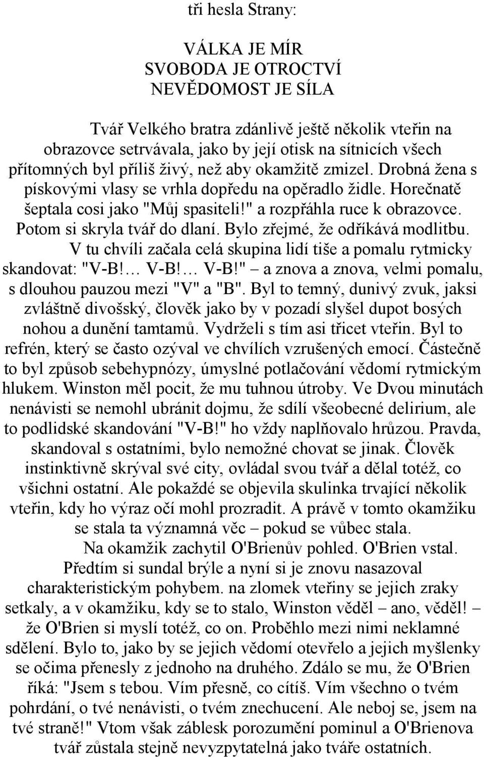 Potom si skryla tvář do dlaní. Bylo zřejmé, že odříkává modlitbu. V tu chvíli začala celá skupina lidí tiše a pomalu rytmicky skandovat: "V-B! V-B!