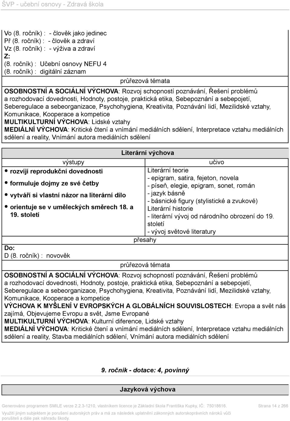 Seberegulace a sebeorganizace, Psychohygiena, Kreativita, Poznávání lidí, Mezilidské vztahy, Komunikace, Kooperace a kompetice MULTIKULTURNÍ VÝCHOVA: Lidské vztahy MEDIÁLNÍ VÝCHOVA: Kritické čtení a