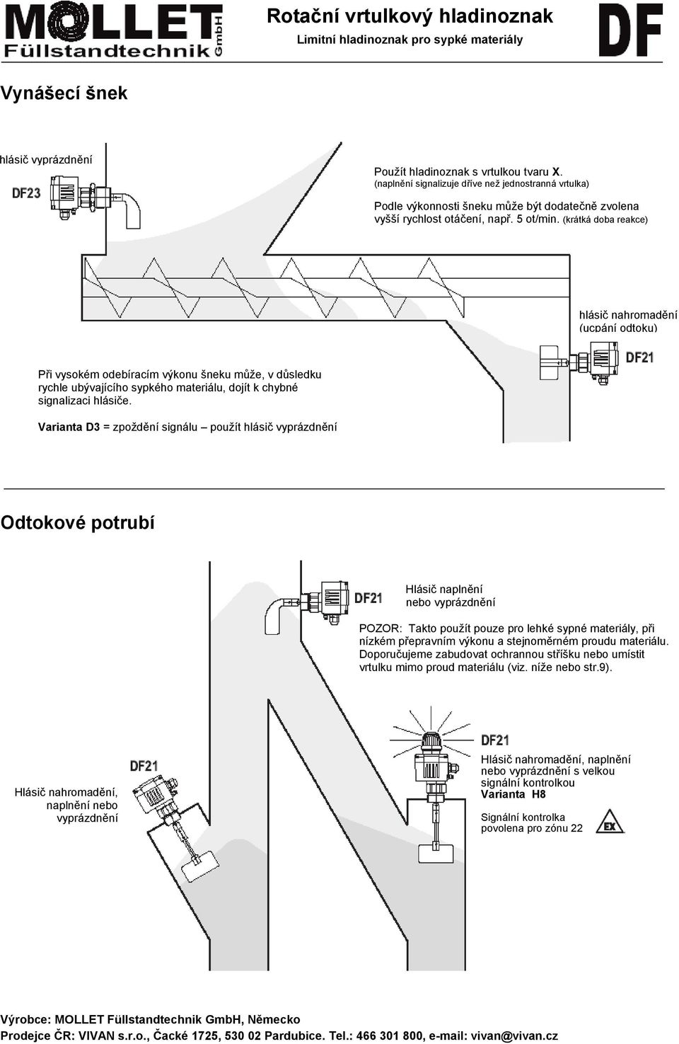 Vrint D3 = zpoždění signálu použít hlásič vyprázdnění Odtokové potrubí Hlásič nplnění vyprázdnění POZOR: Tkto použít pouze pro lehké sypné mteriály, při nízkém přeprvním výkonu stejnoměrném proudu