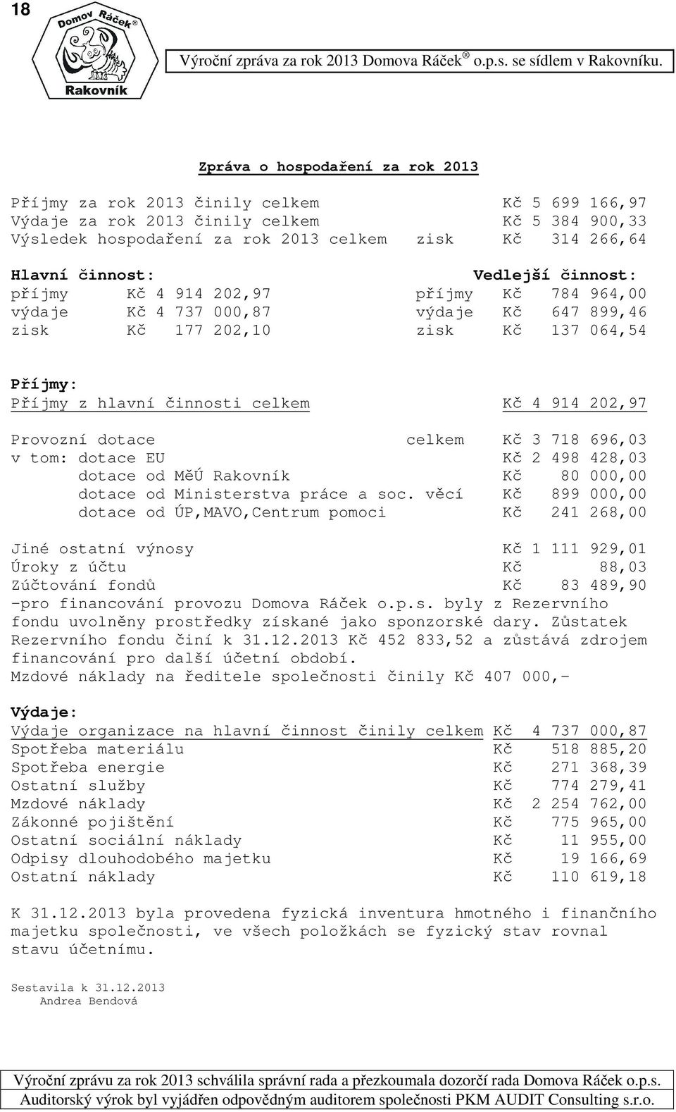 Provozní dotace celkem Kč 3 718 696,3 v tom: dotace EU Kč 2 498 428,3 dotace od MěÚ Rakovník Kč 8, dotace od Ministerstva práce a soc.