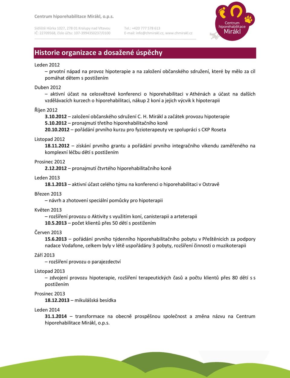 2012 založení občanského sdružení C. H. Mirákl a začátek provozu hipoterapie 5.10.2012 pronajmutí třetího hiporehabilitačního koně 20.10.2012 pořádání prvního kurzu pro fyzioterapeuty ve spolupráci s CKP Roseta Listopad 2012 18.