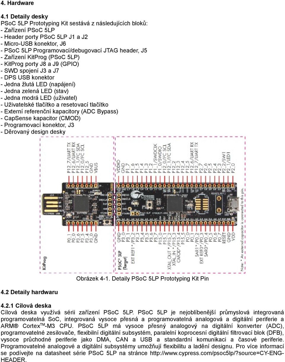 Zařízení KitProg (PSoC 5LP) - KitProg porty J8 a J9 () - SWD spojení J3 a J7 - DPS USB konektor - Jedna žlutá LED (napájení) - Jedna zelená LED (stav) - Jedna modrá LED (uživatel) - Uživatelské