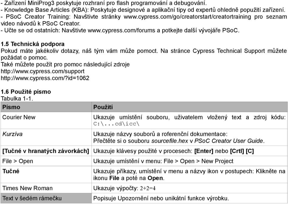 .5 Technická podpora Pokud máte jakékoliv dotazy, náš tým vám může pomoct. Na stránce Cypress Technical Support můžete požádat o pomoc. Také můžete použít pro pomoc následující zdroje http://www.