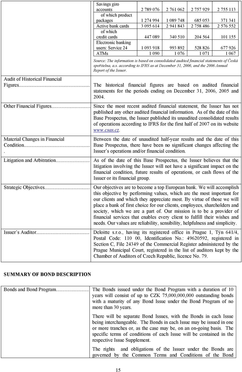 financial statements of Česká spořitelna, a.s. according to IFRS as at December 31, 2006, and the 2006 Annual Report of the Issuer. Audit of Historical Financial Figures.