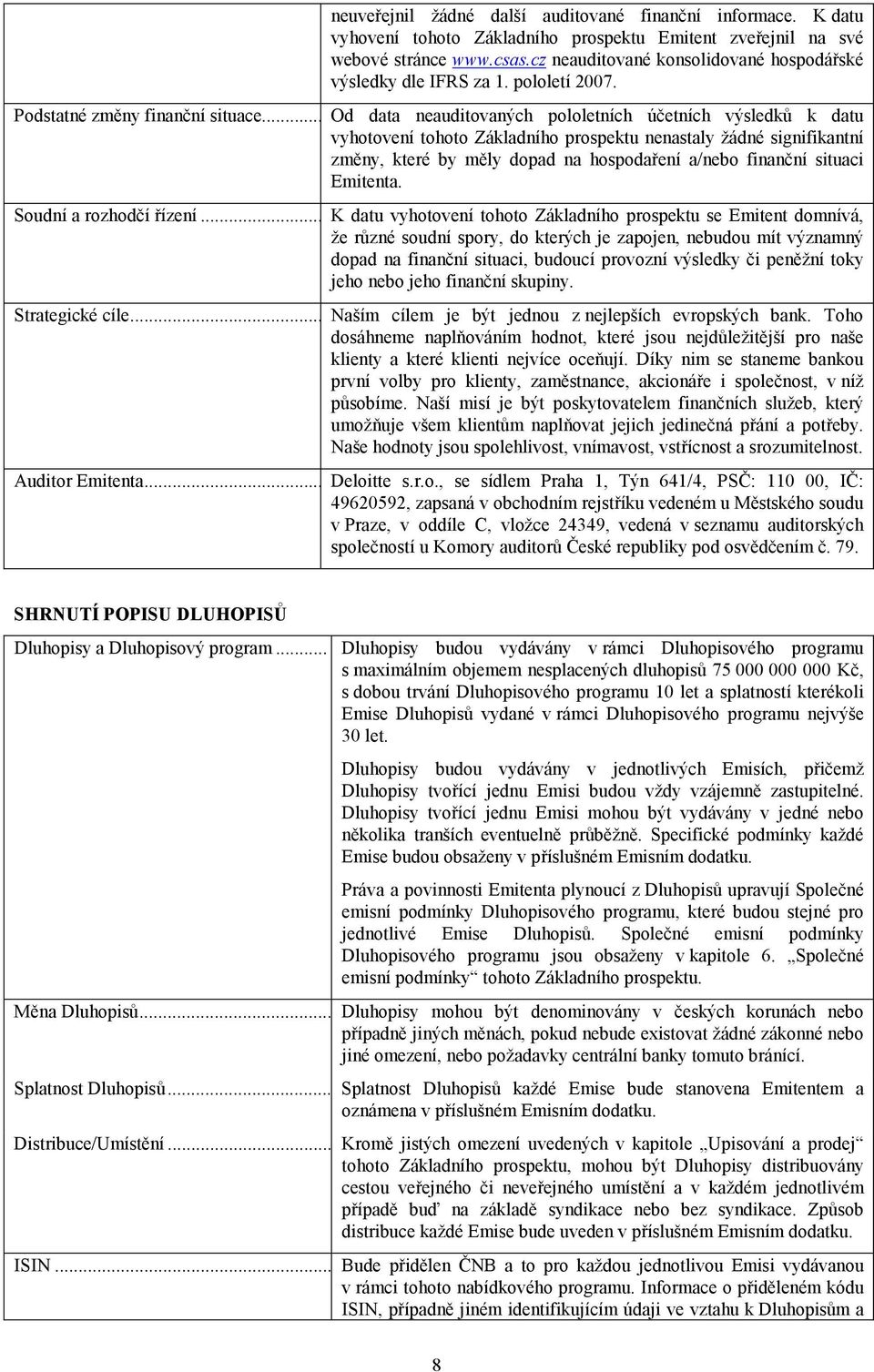 .. Od data neauditovaných pololetních účetních výsledků k datu vyhotovení tohoto Základního prospektu nenastaly žádné signifikantní změny, které by měly dopad na hospodaření a/nebo finanční situaci