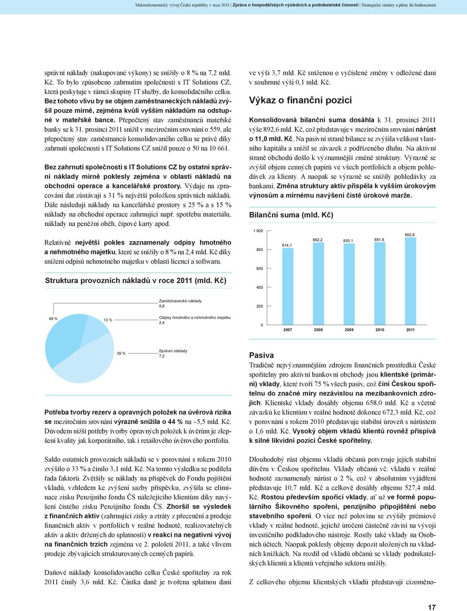 Bez tohoto vlivu by se objem zaměstnaneckých nákladů zvýšil pouze mírně, zejména kvůli vyšším nákladům na odstupné v mateřské bance. Přepočtený stav zaměstnanců mateřské banky se k 31.