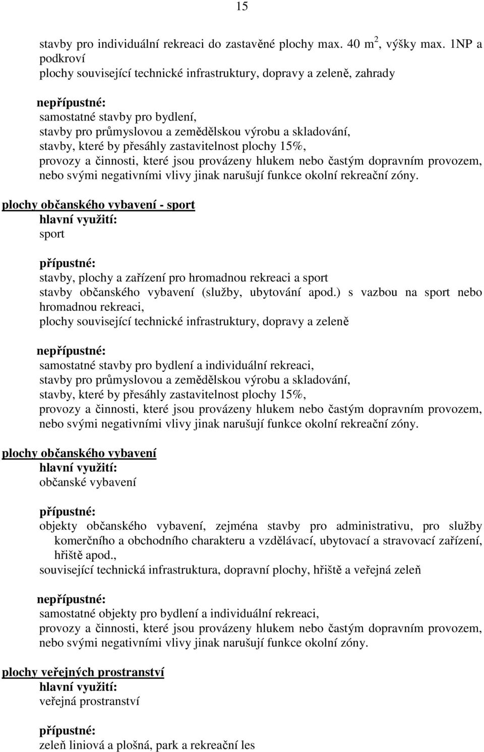které by přesáhly zastavitelnost plochy 15%, provozy a činnosti, které jsou provázeny hlukem nebo častým dopravním provozem, nebo svými negativními vlivy jinak narušují funkce okolní rekreační zóny.
