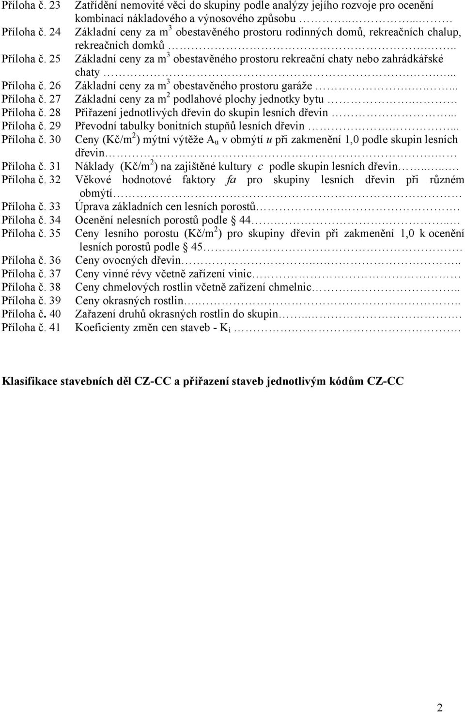 .... Příloha č. 26 Základní ceny za m 3 obestavěného prostoru garáže..... Příloha č. 27 Základní ceny za m 2 podlahové plochy jednotky bytu. Příloha č. 28 Přiřazení jednotlivých dřevin do skupin lesních dřevin.