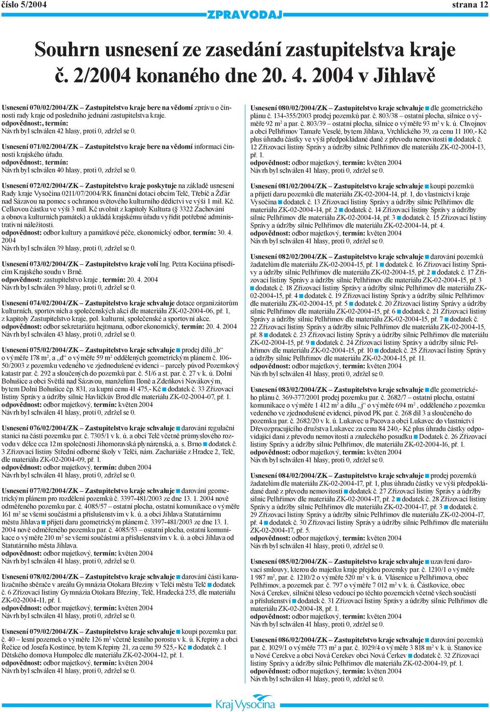 odpovědnost:, termín: Návrh byl schválen 42 hlasy, proti 0, zdržel se 0. Usnesení 071/02/2004/ZK Zastupitelstvo kraje bere na vědomí informaci čin- nosti krajského úřadu.