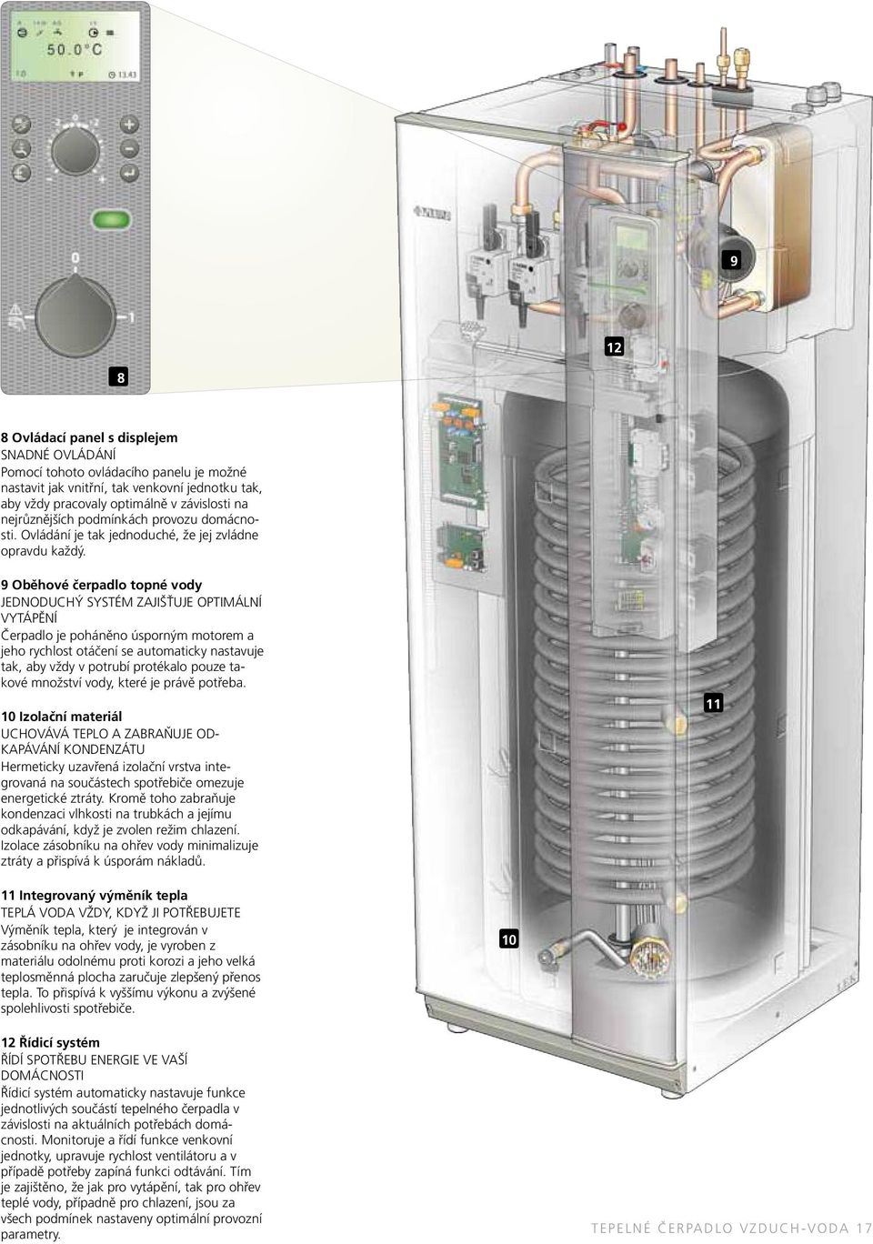 9 Oběhové čerpadlo topné vody JEDNODUCHÝ SYSTÉM ZAJIŠŤUJE OPTIMÁLNÍ VYTÁPĚNÍ Čerpadlo je poháněno úsporným motorem a jeho rychlost otáčení se automaticky nastavuje tak, aby vždy v potrubí protékalo