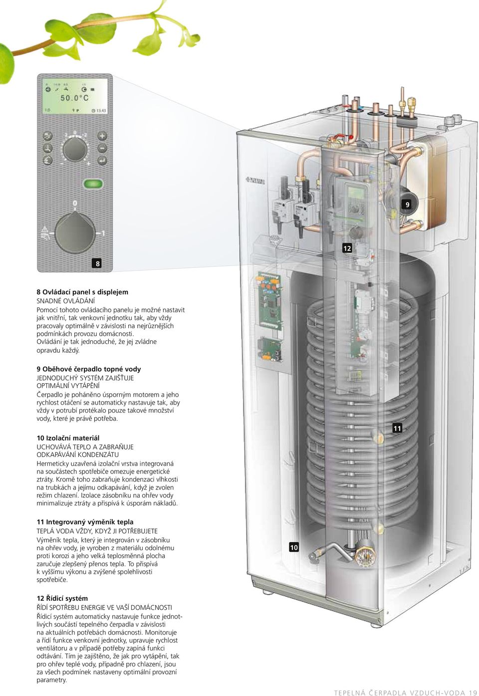 9 Oběhové čerpadlo topné vody JEDNODUCHÝ SYSTÉM ZAJIŠŤUJE OPTIMÁLNÍ VYTÁPĚNÍ Čerpadlo je poháněno úsporným motorem a jeho rychlost otáčení se automaticky nastavuje tak, aby vždy v potrubí protékalo