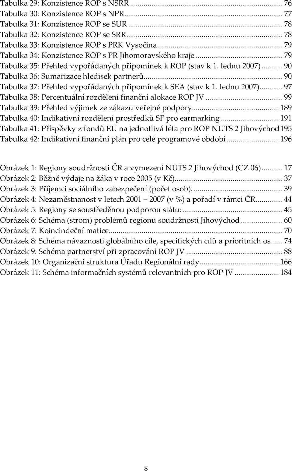 .. 90 Tabulka 36: Sumarizace hledisek partnerů... 90 Tabulka 37: Přehled vypořádaných připomínek k SEA (stav k 1. lednu 2007)... 97 Tabulka 38: Percentuální rozdělení finanční alokace ROP JV.