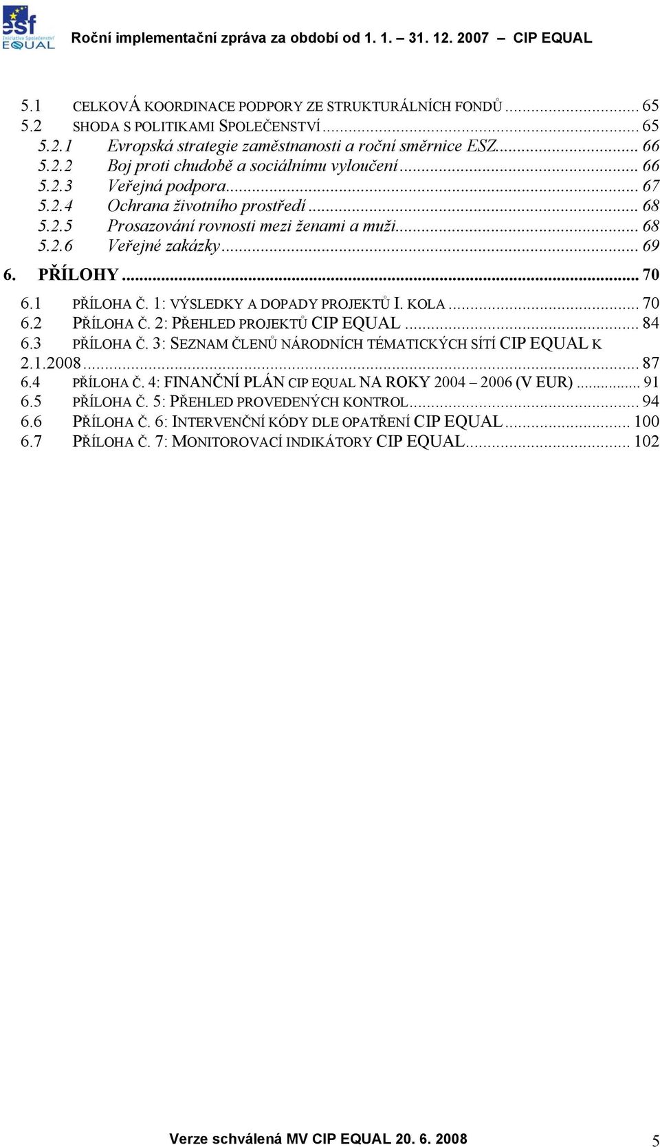1: VÝSLEDKY A DOPADY PROJEKTŮ I. KOLA... 70 6.2 PŘÍLOHA Č. 2: PŘEHLED PROJEKTŮ CIP EQUAL... 84 6.3 PŘÍLOHA Č. 3: SEZNAM ČLENŮ NÁRODNÍCH TÉMATICKÝCH SÍTÍ CIP EQUAL K 2.1.2008... 87 6.4 PŘÍLOHA Č.