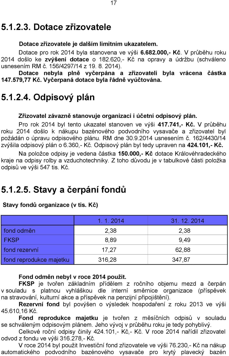 5.1.2.4. Odpisový plán Zřizovatel závazně stanovuje organizaci i účetní odpisový plán. Pro rok 2014 byl tento ukazatel stanoven ve výši 417.741,- Kč.