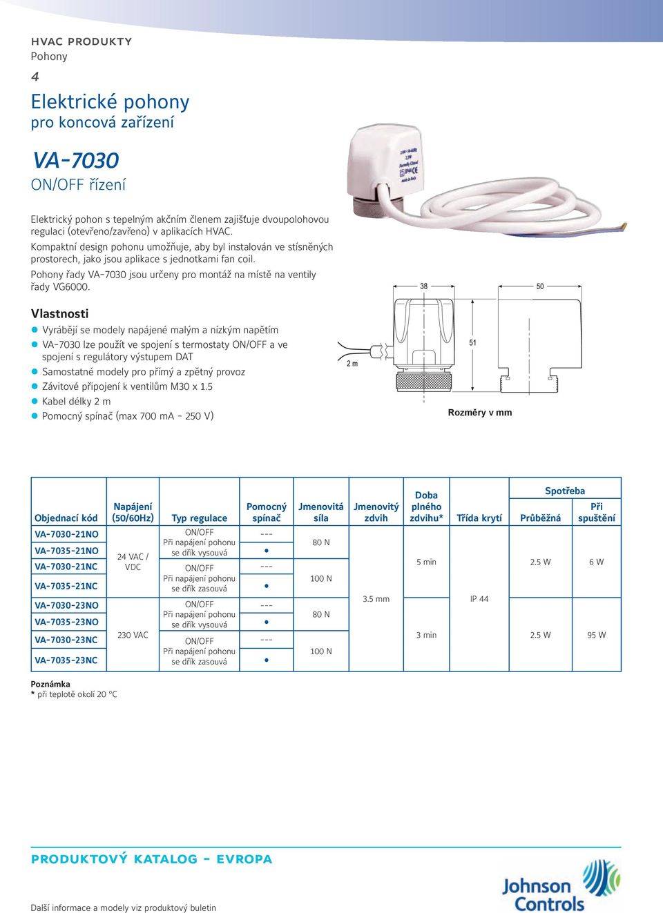 Vlastnosti Vyrábějí se modely napájené malým a nízkým napětím VA-7030 lze použít ve spojení s termostaty ON/OFF a ve spojení s regulátory výstupem DAT Samostatné modely pro přímý a zpětný provoz