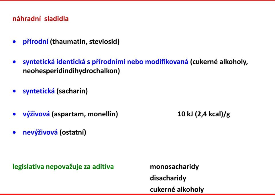 syntetická (sacharin) výživová (aspartam, monellin) 10 kj (2,4 kcal)/g