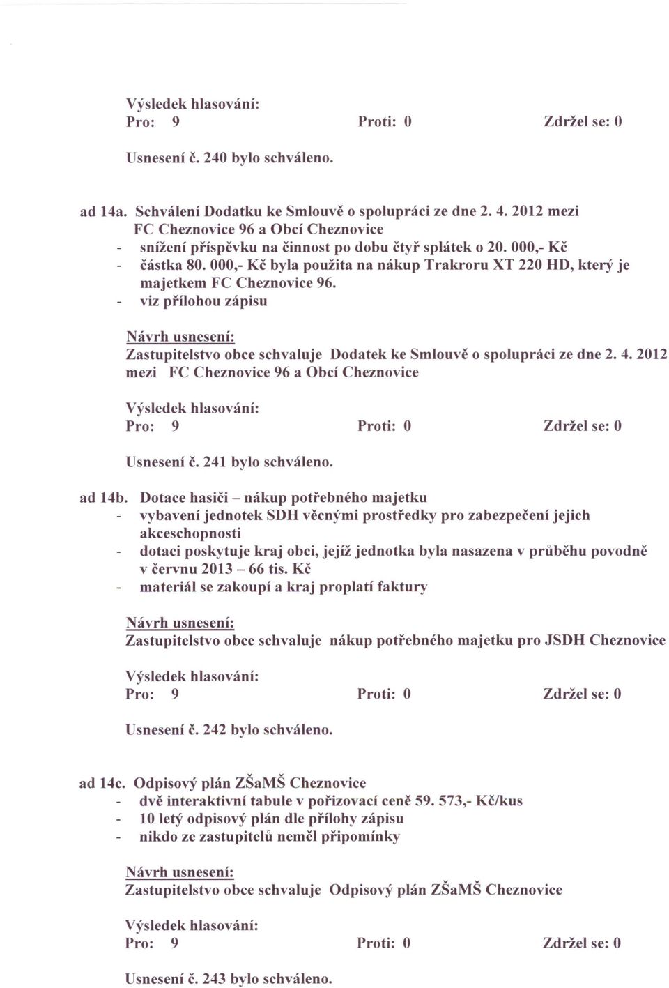 4. 2012 mezi FC Cheznovice 96 a Obcí Cheznovice Usnesení č. 241 bylo schváleno. ad 14b.