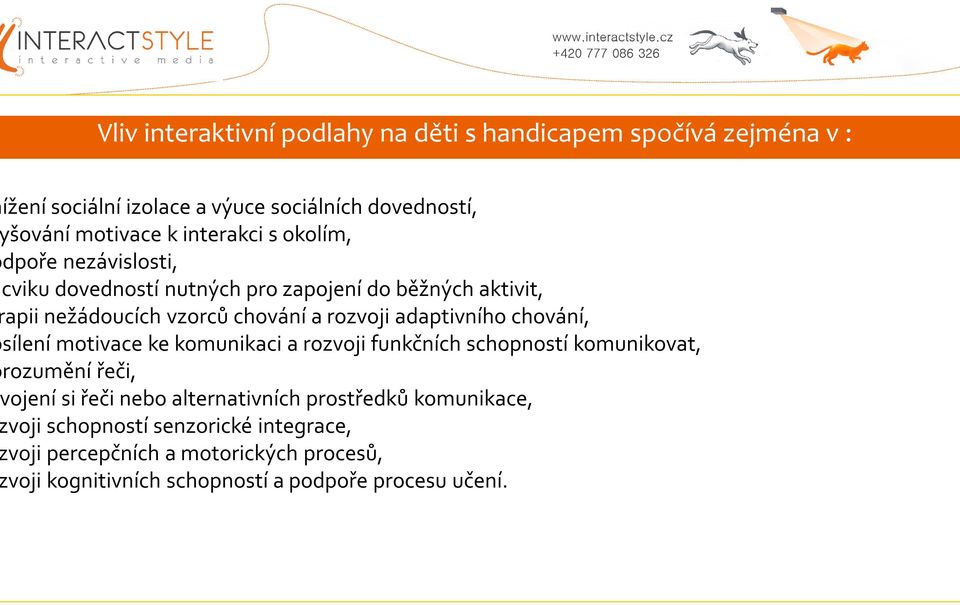 interakci s okolím, dpoře nezávislosti, cviku dovedností nutných pro zapojení do běžných aktivit, apii nežádoucích vzorců chování a rozvoji