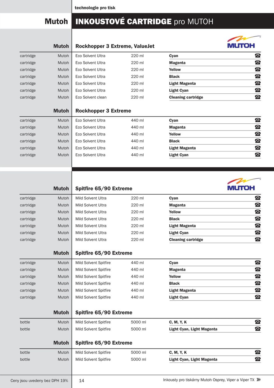 cartridge Mutoh Eco Solvent clean 220 ml Cleaning cartridge Mutoh Rockhopper 3 Extreme cartridge Mutoh Eco Solvent Ultra 440 ml Cyan cartridge Mutoh Eco Solvent Ultra 440 ml Magenta cartridge Mutoh