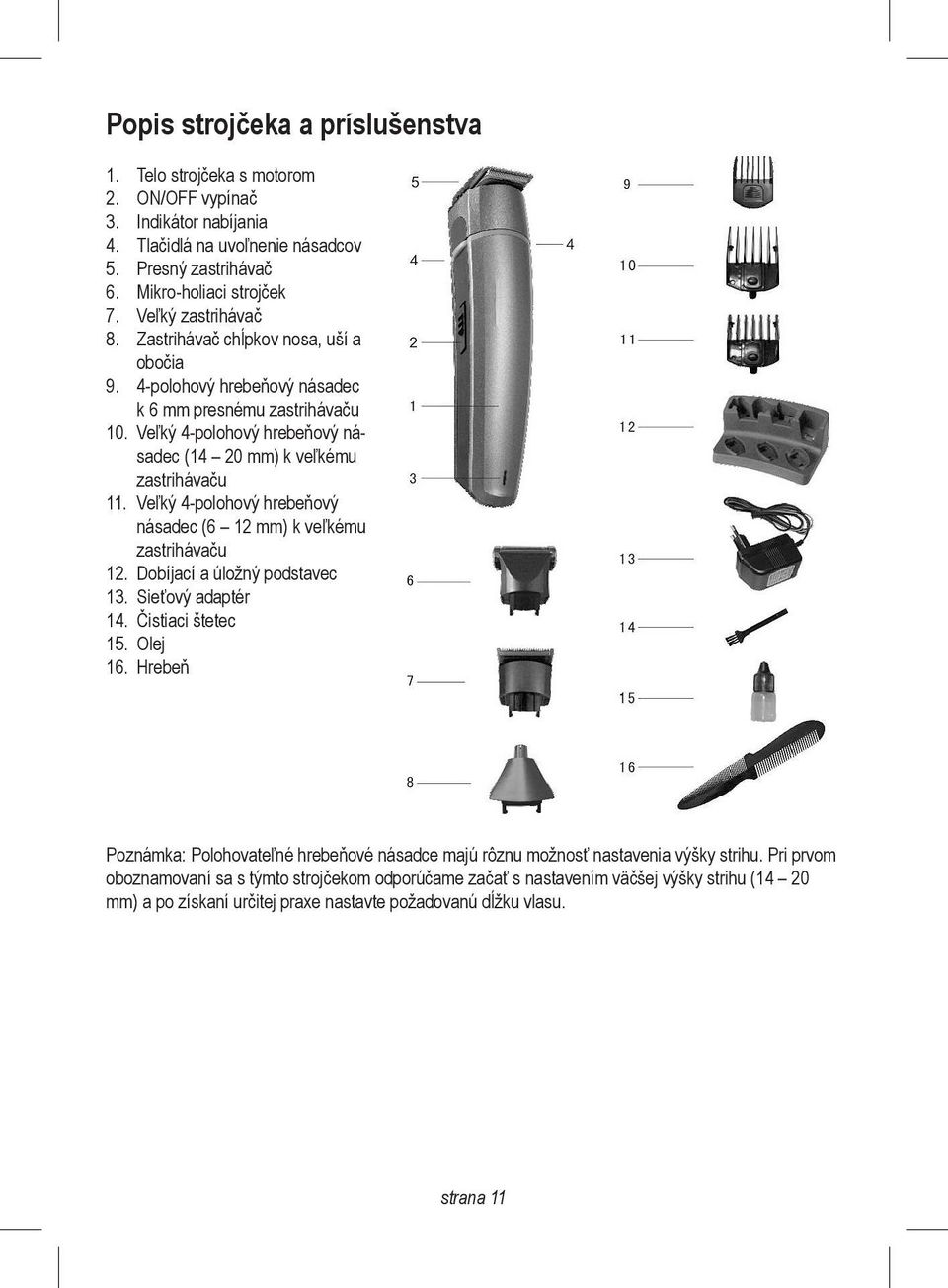 Veľký 4-polohový hrebeňový násadec (6 12 mm) k veľkému zastrihávaču 12. Dobíjací a úložný podstavec 13. Sieťový adaptér 14. Čistiaci štetec 15. Olej 16.