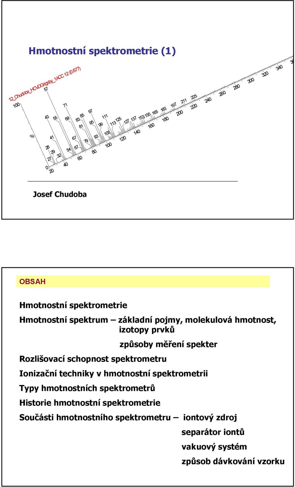 3 32 34 36 Josef Chudoba BSAH Hmotnostní spektrometrie Hmotnostní spektrum základní pojmy, molekulová hmotnost, izotopy prvků Rozlišovací schopnost