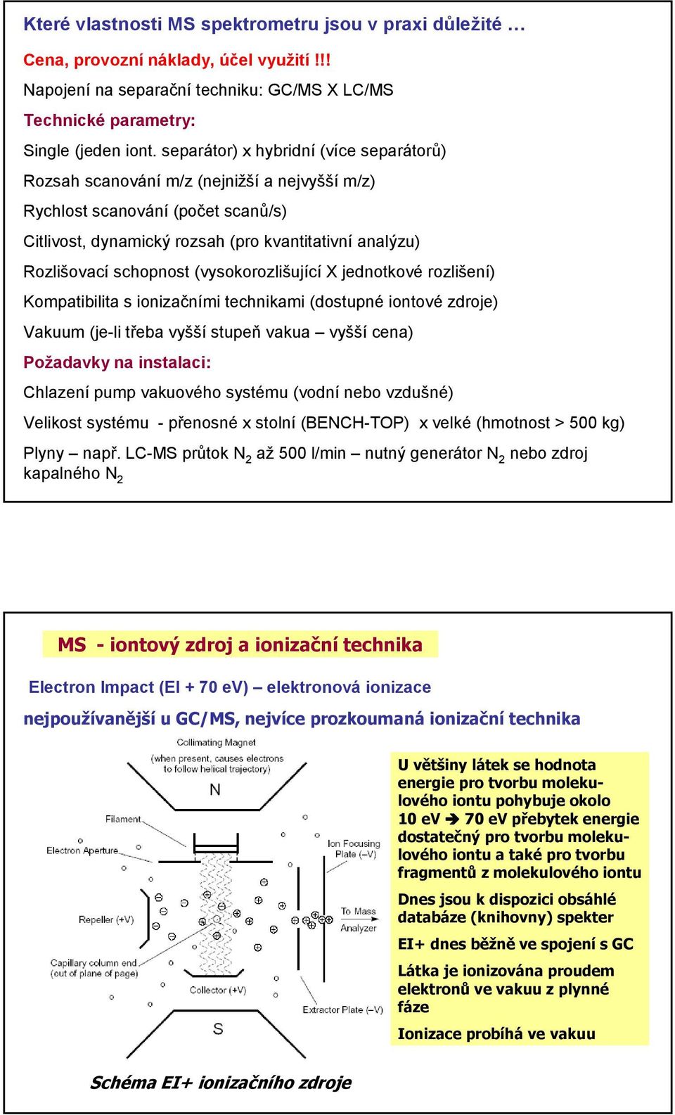 (vysokorozlišující X jednotkové rozlišení) Kompatibilita s ionizačními technikami (dostupné iontové zdroje) Vakuum (je-li třeba vyšší stupeň vakua vyšší cena) Požadavky na instalaci: Chlazení pump