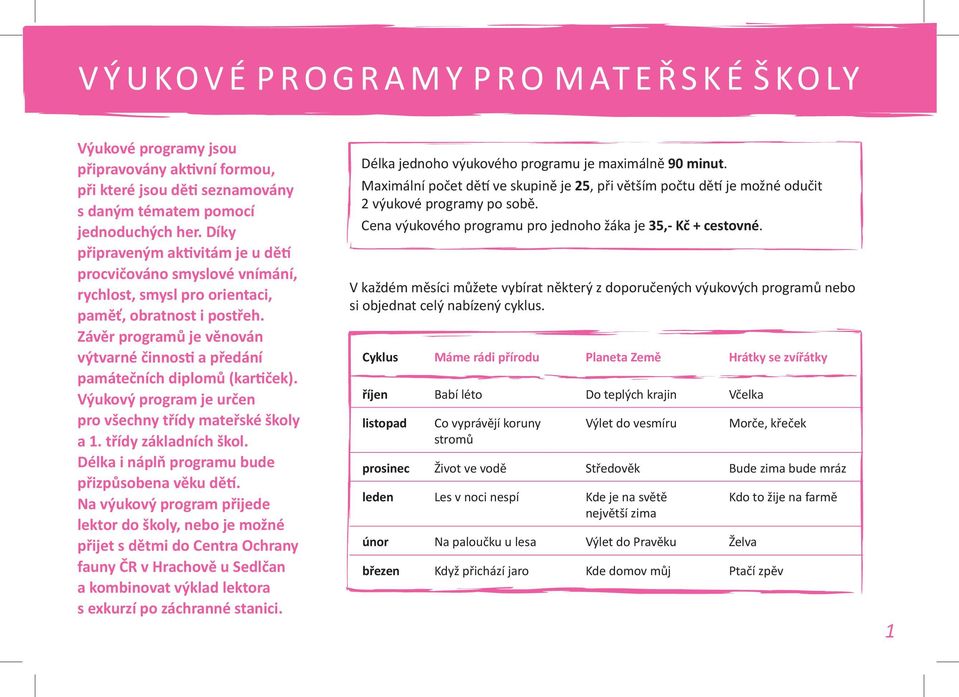 Závěr programů je věnován výtvarné činnosti a předání památečních diplomů (kartiček). Výukový program je určen pro všechny třídy mateřské školy a 1. třídy základních škol.