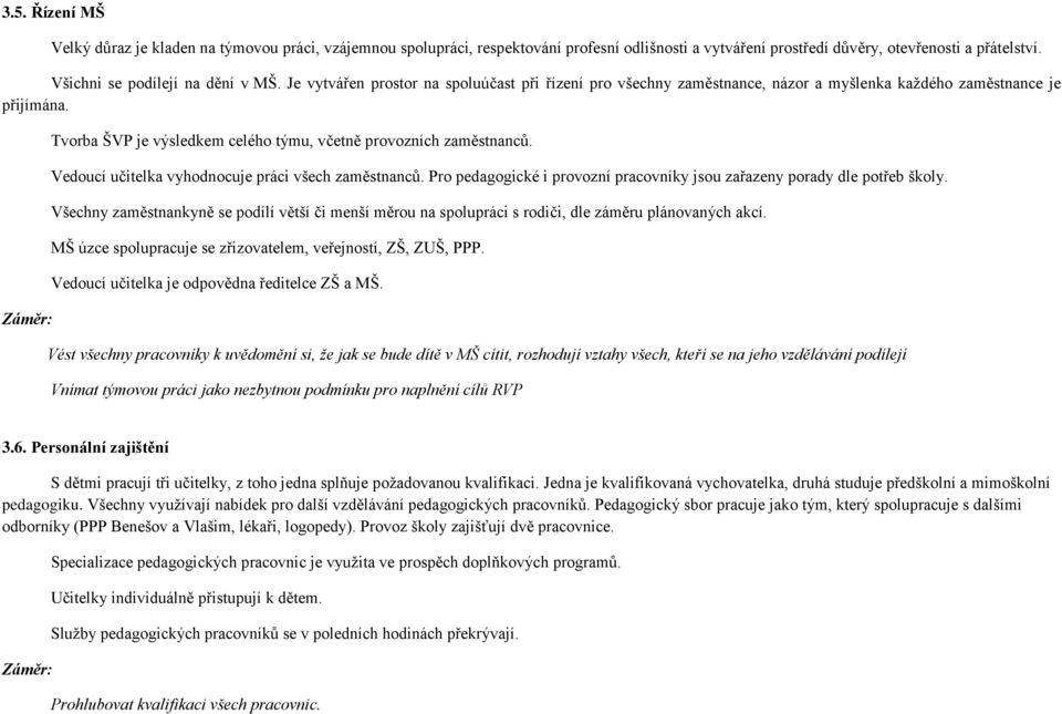 Vedoucí učitelka vyhodnocuje práci všech zaměstnanců. Pro pedagogické i provozní pracovníky jsou zařazeny porady dle potřeb školy.