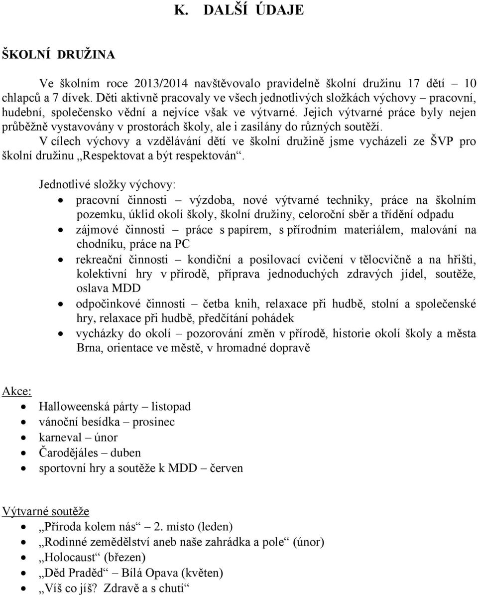 Jejich výtvarné práce byly nejen průběžně vystavovány v prostorách školy, ale i zasílány do různých soutěží.